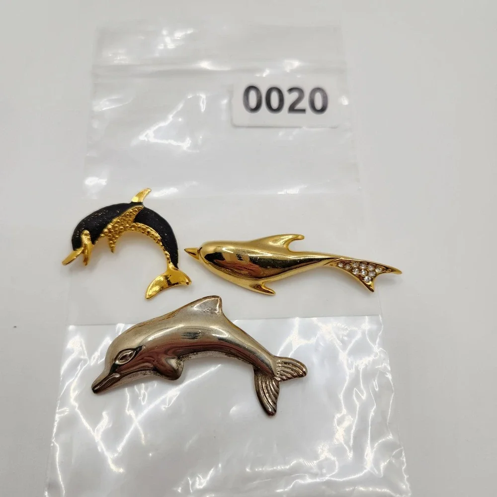 Vintage Dolphin Brooch Pin Set 3pc‎ Gold Silver Black Enamel Rhinestone Nautical